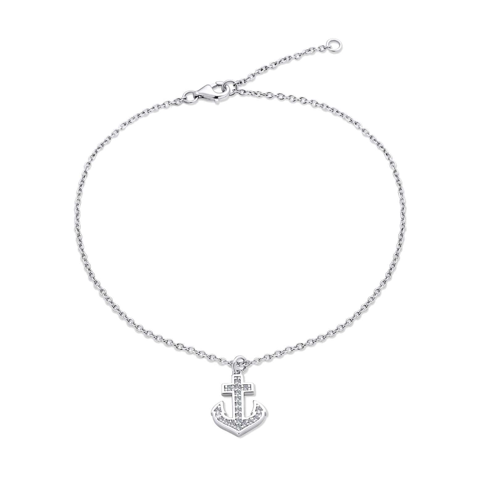 Bling Jewelry Nautical Cubic Zirconia Pave Dangle Charm Boat Anchor Anklet Ankle Bracelet For Women .925 Sterling Silver 9-10 Inch