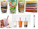 Wufuyuan - Tapioca Pearl (Black) - Net Wt. 8.8 Oz + multicolor pear + Green Tea Pearl + 50 Bubble Tea Straws + one ninechef Spoon Per order