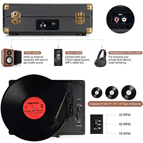 Turntable 3 Speeds 33/45/78 RPM Bluetooth Suitcase Portable Turntable Turntable Turntable with Built-in Speakers RCA Line Output Vintage Turntable
