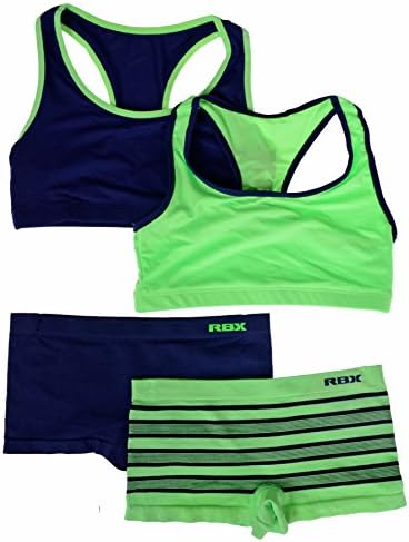 RBX Big Girl's 2 Pack Seamless Bra and Boyshorts Combo Set (Navy/Green, M)