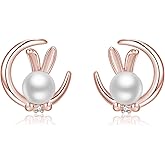 SLUYNZ 925 Sterling Silver Easter Rabbit Bunny Stud Earrings for Women Teens Pearl Moon Rabbit Earrings Studs