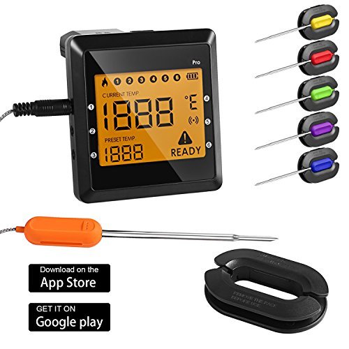 Wireless Meat Thermometer, OUTAD Digital APP Remote Controlled Cooking Food Thermometer Instant Read with 6 Probes for Grill Oven Kitchen Smoker BBQ