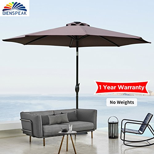 Dienspeak Deluxe 9' Market Outdoor Aluminum Table Patio Beach Umbrella Sunshade 1000 Hours Fade-resistant with Push Button Tilt and Crank, 250g/sqm Spun Polyester,8 Steel Ribs (Coffee)