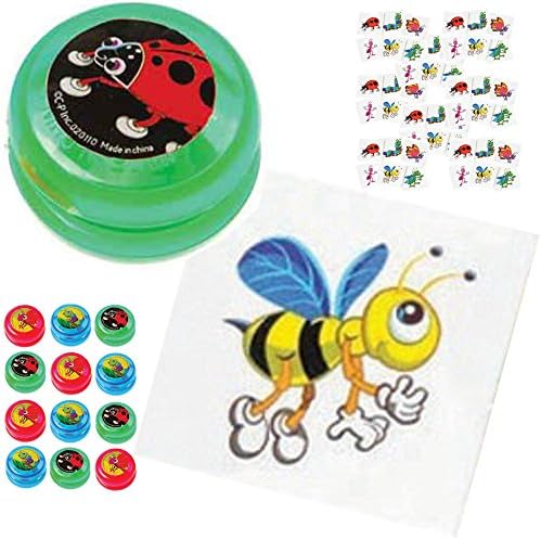 AJPSales Insect Tattoos and Mini YoYo Party Pack - 12 Colorful Yo Yo's and 144 Temporary Tattoos - Fun for Birthdays, Theme Parties, Sleepovers, Games and Perfect as Loot Bag Favors