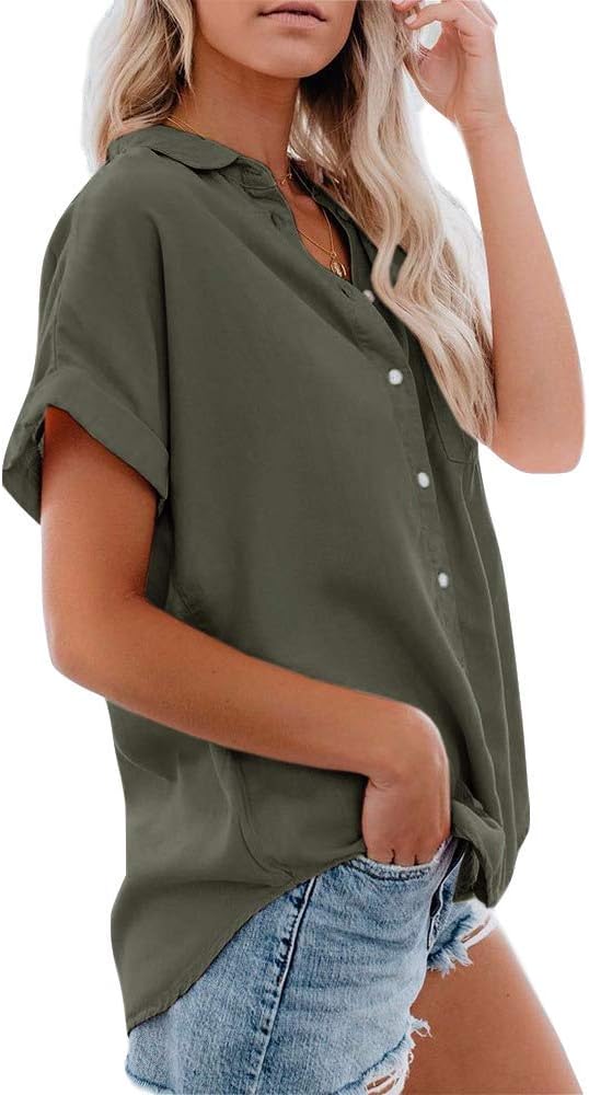Daomumen Womens Casual Button Down Shirts V Neck Short Sleeve Blouses Plain Tunics with Pocket