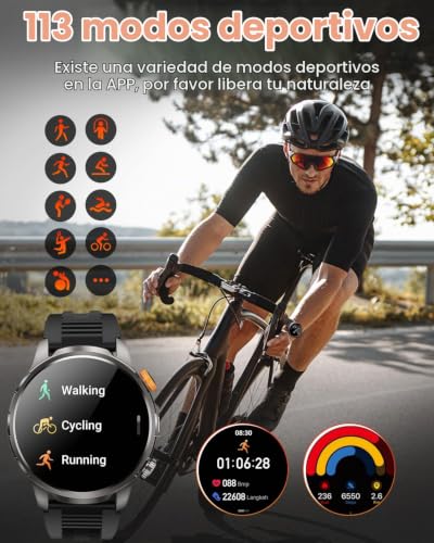 Reloj Inteligente Hombre con 1000mAh Batería y Linterna, 1.91" AMOLED, 5ATM Impermeable Smartwatch Militar con Llamadas, 113 Modes Sportifs, 24/7 Pulsómetro/Oxímetro/Sueño/Podomètre/Android iOS
