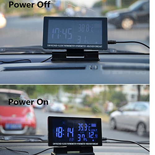 Polarlander 4 in 1 Digital Car Thermometer Hygrometer 12V DC LCD Screen Hygrothermograph Weather Forecast Voltage Clock