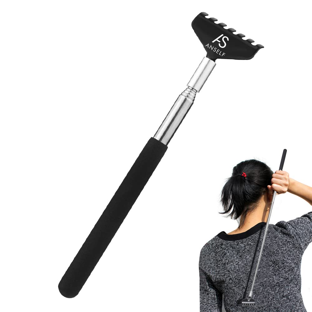 Anself Portable Stainless Steel Extendable Back Scratcher - Compact Extendable 5 Sections Scratching Tool 20-68cm [20-68cm-#1-Black]