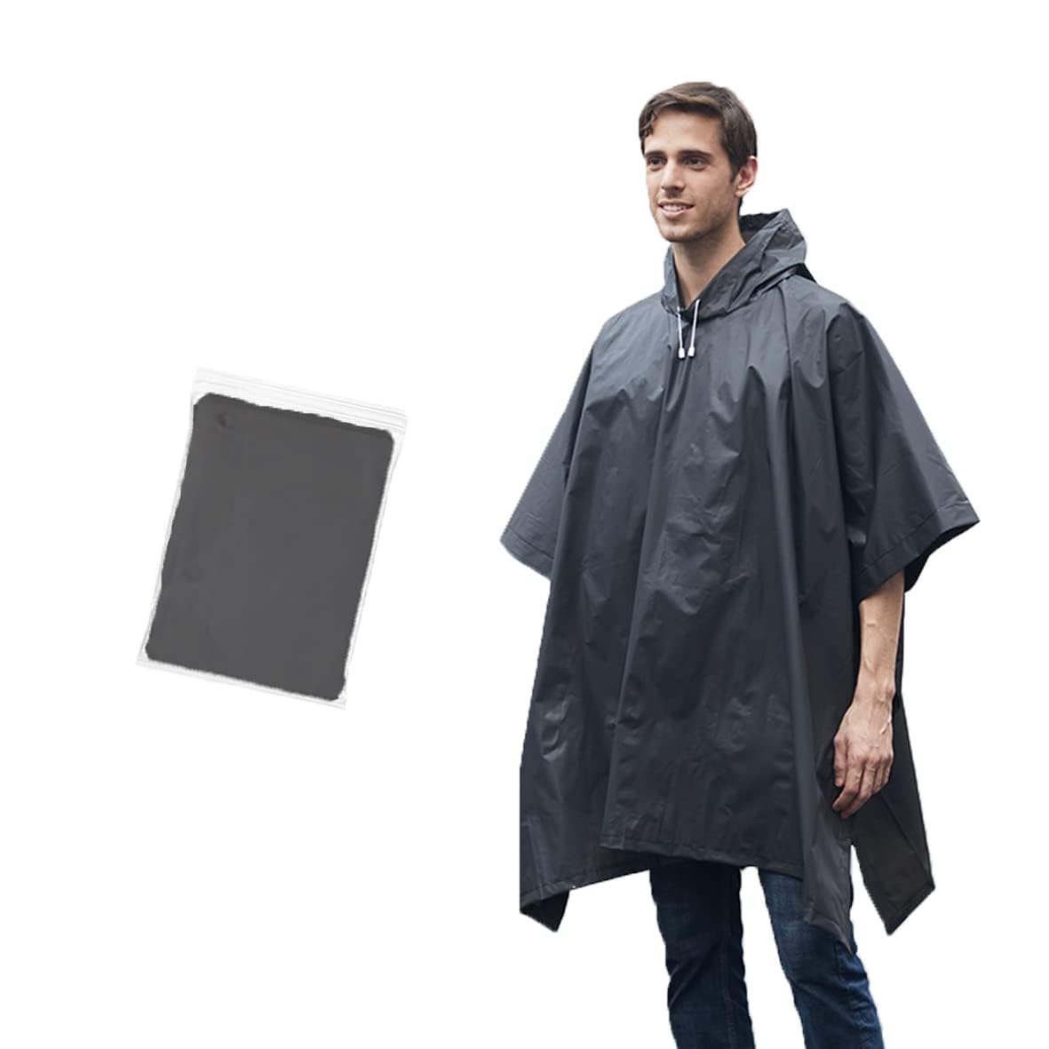 Umtiti EVA Rain Poncho for Adult (1 Pack) with Drawstring Hood，Waterproof Lightweight Unisex Raincoat for Hiking Fishing Festivals Camping Emergency，Black-1pc