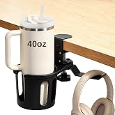 Desk Cup Holder, Clip-On Clamp for Gaming Desks, 360° Swivel Headphone Hook | Deep 4.3-inch drink holder fits 40 oz tumblers;