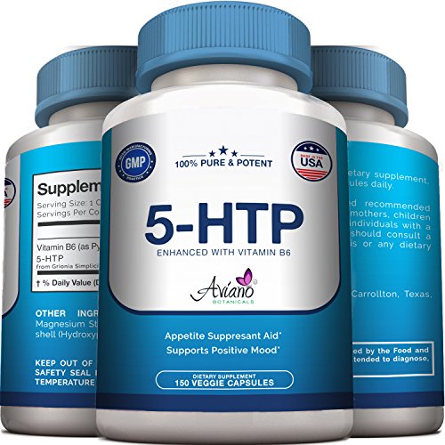 Pure 5-HTP Plus B6 Supplement 100mg - 150 Veggie Caps - Aids in Positive Mood, Sleep, Stress, Relaxation by Aviano Botanicals