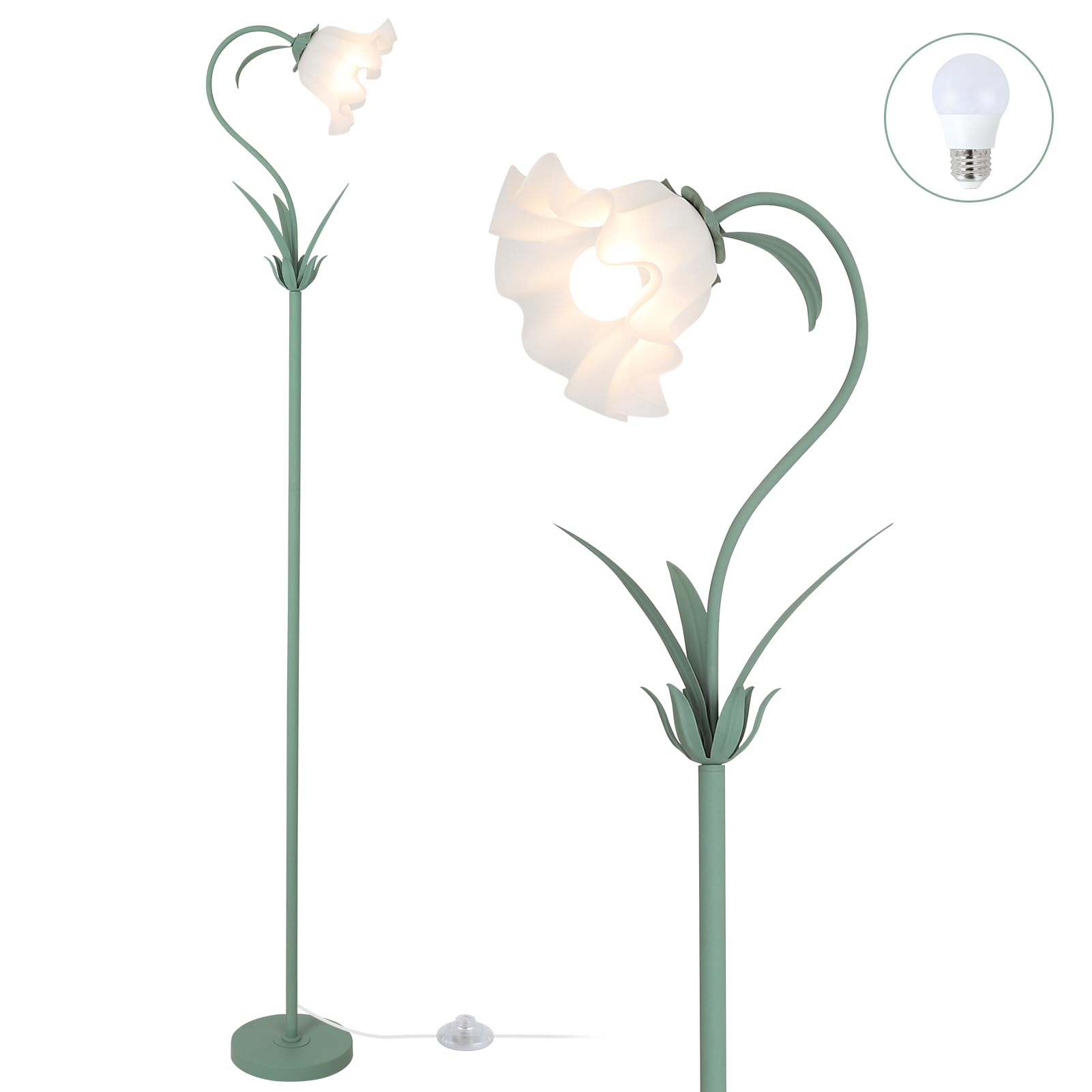 Photo 1 of HMVPL Flower Floor Lamp, Floral Floor Lamp with LED 5W Blub, Acrylic Shade, Foot Switch, Green Cute Standing Lamp for Bedroom, Vintage Unique Tall Lamp for Living Room Corner Kids Room Office