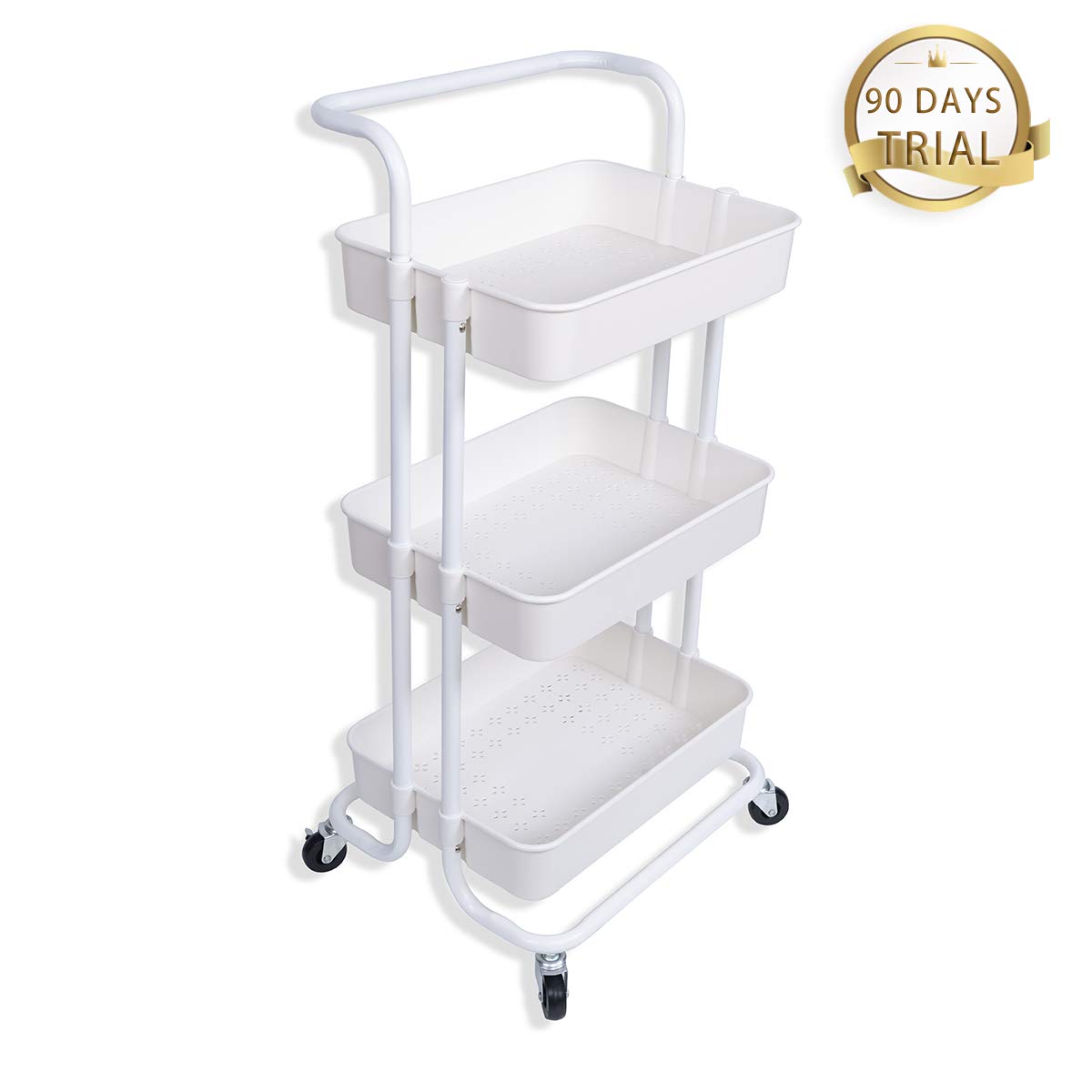 Best Buy Box 3-Tier Rolling Storage Cart,Utility Cart with Wheels,Storage Organizer Kitchen Cart with Mesh Basket and Handle,Trolley for Bathroom, Bedroom or Office,White