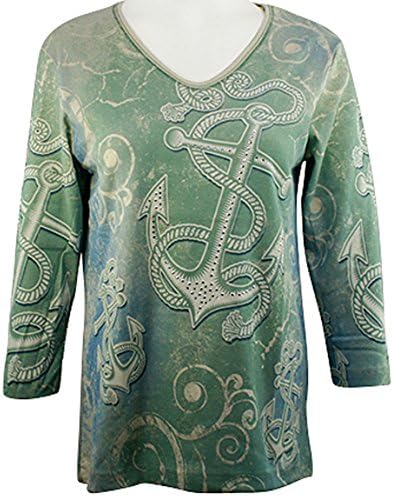 Cactus Bay Apparel - Anchors, 3/4 Sleeve, V-Neck Rhinestone Cotton Print Top