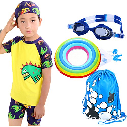 Monvecle Little Boys' 7-Pieces Short Sleeve Rash Guard Swimsuit Set with Swim Cap UPF 50+ Yellow 7-8y