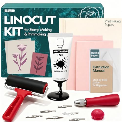 Linocut Tools Block Printing Kit: Stamp Carving Printmaking Kit Supplies with Rubber Blocks, Ink, Brayer, Linoleum Cutters, Tracing Papers, Guide for Beginners Hobby DIY Gift