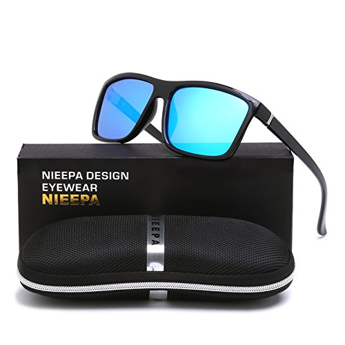 NIEEPA Men's Driving Sports Polarized Sunglasses Square Wayfarer Plastic Frame Glasses (Blue Silver Lens/Bright Black Frame)