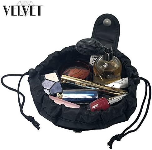 Toiletry Travel Bag | Drawstring Makeup Organizer with Magnetic Snap | Waterproof Cosmetic Pouch for Women, Men, Girls (Small 12 inches, Black)