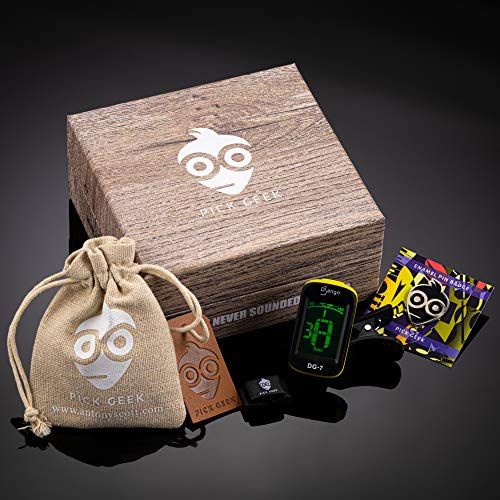 Pick Geek Guitar Pick Tuner Bundle Set | 33 x Premium Assorted Guitar Picks | Django Clip-on Digital Guitar Tuner | FREE Pick Geek 'wedgie' Pick Holder plus Enamel Pin | Gifted in Stunning Gift Box