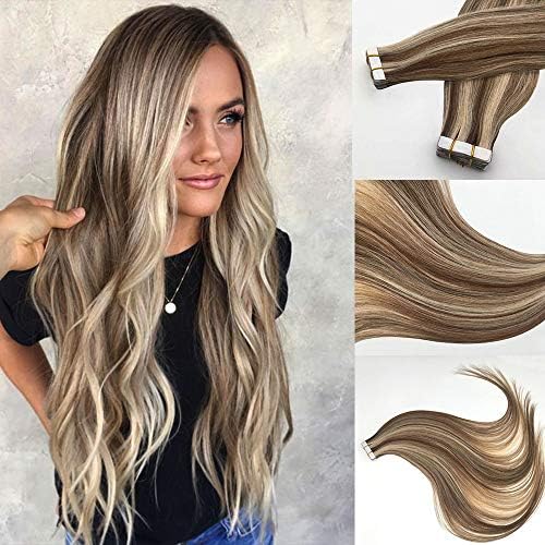 Human Hair Extensions Tape in Extensuions Skin Weft Remy Human Hair Medium Brown Highlighted witn Bleach Blonde 22inch 20pcs/50g