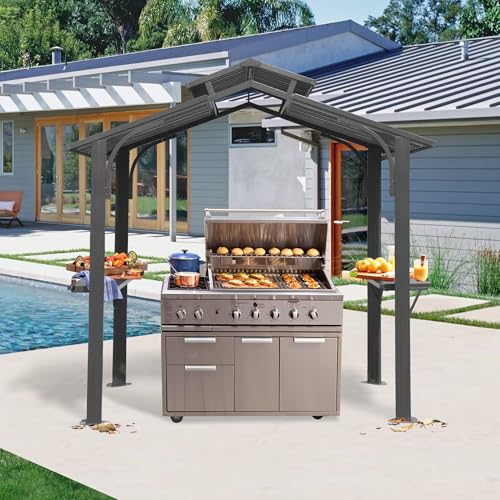 Domi 8x5FT Hardtop Grill Gazebo, Outdoor BBQ Gazebo with 2 Side Shelves and Ceiling Hook, Metal Grill Canopy with Galvanized Steel Double Roof for Patio Lawn Patio Backyard Deck, Grey