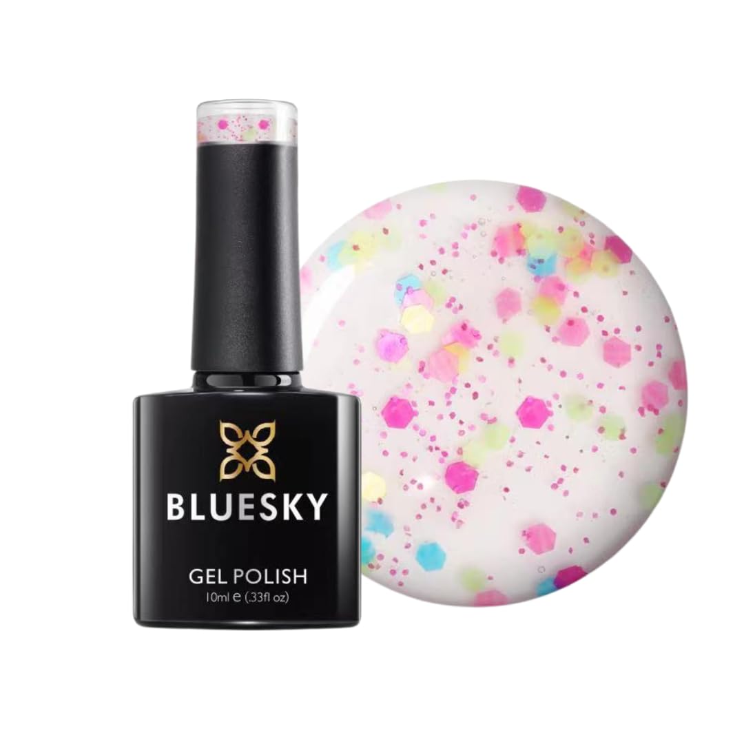 Bluesky Gel Nail Polish, Confetti Pop, Clear Base, Multicoloured Glitter, Long Lasting, Chip Resistant, 10ml (Requires Drying Under UV LED Lamp)