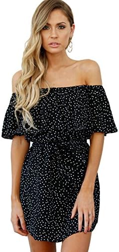 Women's Casual Off Shoulder Striped Ruffles Mini Party Dresses Short Tight Bodycon Dress (S, Polka Dots)