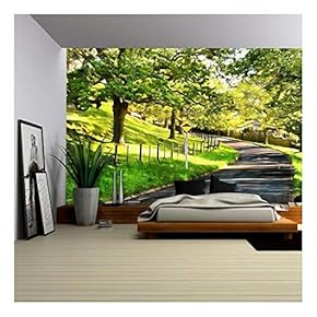 Digital Painting of Road in a Public Park in Lush Surroundings with a Road Sign - Removable Wall Mural | Self-Adhesive Large Wallpaper - 66x96 inches