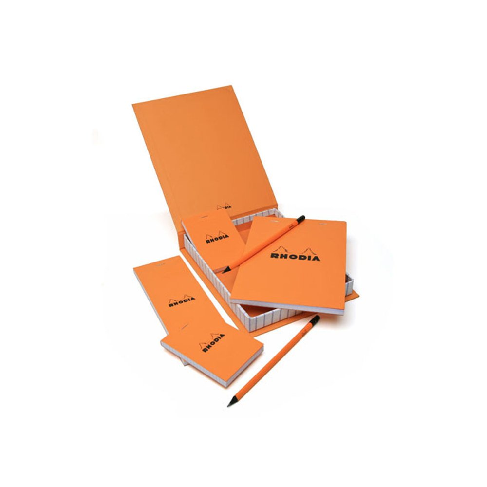 RHODIA 9200C - Essential Box 4 Orange Stapled Pads 1xN°8 + 2xN°11 + 1xN°16 - 22.8x18 cm - Small Squares - 80 Detachable Sheets, White Clairefontaine Paper 80 g/m - Basics