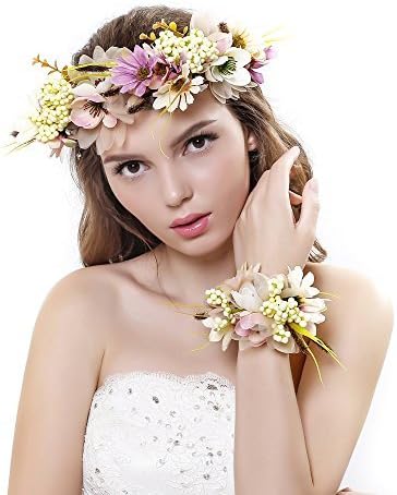 Gminerla Bride women Rose Flower floral wrist flower girl garland crown Hairband Wedding Flower Garland Headband Festival flower wreath Elastic Headress Hair Accessories (Yellow) by Gminerla