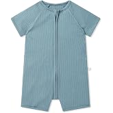 MORI Baby Unisex Ribbed Summer Zip-Up Romper - Viscose from Bamboo - Breathable Short Sleeve Pajama - Toddler Boys and Girls