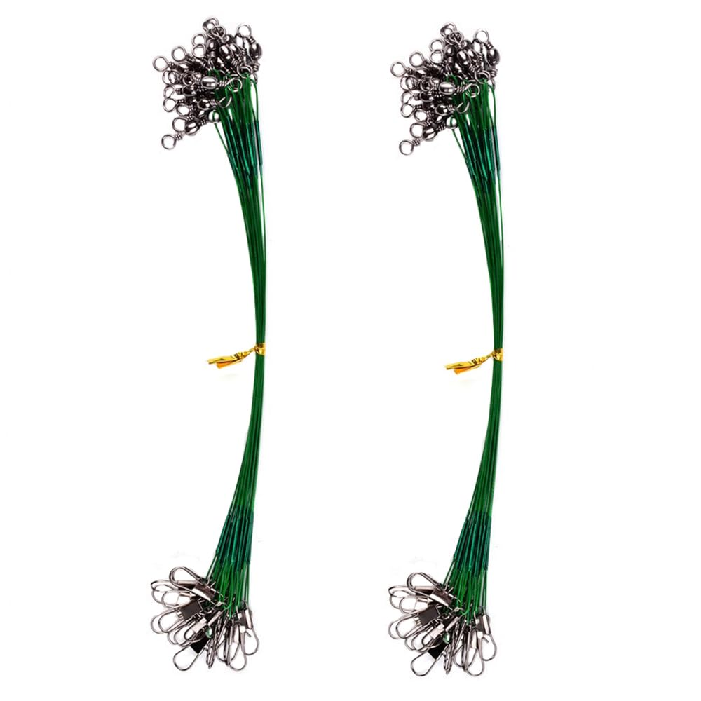 50 Pack Fishing Wire Leaders, 30 LB Steel Fishing Lure Wire Trace Leaders with Swivels and Snaps for Pike Hidden Main Line Prevent Fish Bite, 15cm (Green)