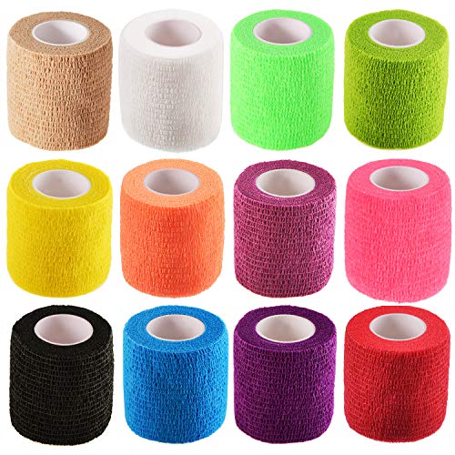 Pangda 12 Pieces Adhesive Bandage Wrap Stretch Self-Adherent Tape for Sports, Wrist, Ankle, 5 Yards Each (2 Inch, 12 Colors)