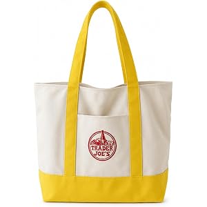 Large Canvas Tote Bag for Trader Joe's, Reusable 12 oz Cotton Tote Bag with Embroidered, Front Pocket & Reinforced Bottom for
