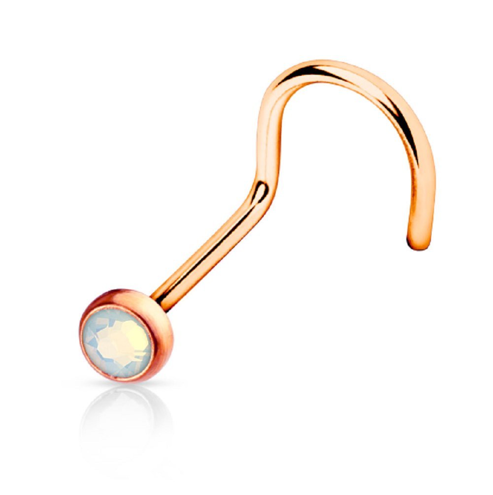 PiercedOff Rose Gold Tone IP over 316L Surgical Steel 0.8mm Nose Screw with 2mm White Synthetic Opal