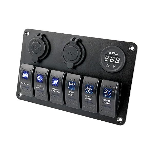 Proelectric-Blue-LED-Light-2-Waterproof-MarineBoat-Car-Switch-Panel-6-Gang-USB-Charger-Voltage-Indicator-Power-Socket-5-pin-On-Off-Rocker-Switch