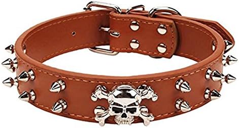 Pety Pet 1.26" Width Rivet Studded Adjustable PU Leather Pet Collar with Cool Skull Studded for Medium Large Dogs (Medium, Brown)