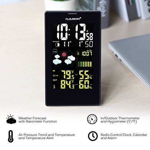 Floureon Weather Station Wireless Weather Forecaster - Indoor/Outdoor Temperature Alert & Humidity Monitor Daily Alarm - Large LCD Color Display - Calendar Time Clock(Dark Theme)
