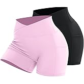 Workout Shorts for Women 2 Pcs Pack Cross Waist Active Gym Spandex Stretchy Yoga Compression with Side Pockets