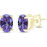 Birthstone Solitaire Stud Earrings for Women, 8x6mm Oval Cut Simulated Gemstone Studs in 14K Yellow Gold Plated 925 Sterling Silver Push Back Earrings, Jewelry Gift for Her