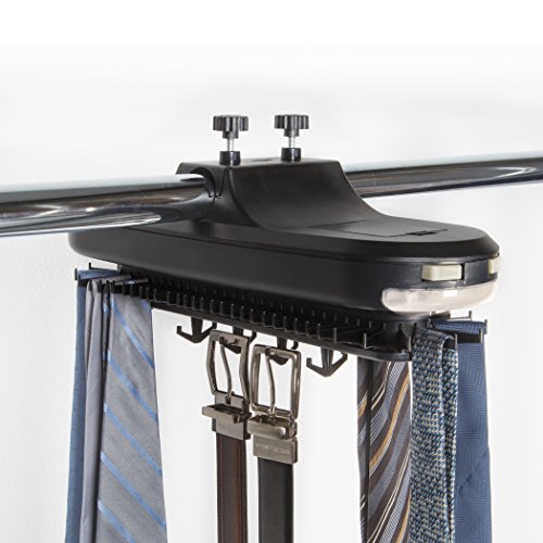 Richards Homewares Operated/Black Motorized Tie Rack with LED Lights - Rotating with Batteries - Hold up to 64 Ties and 8 Belts - Standard Rods Good for Most Closet Types