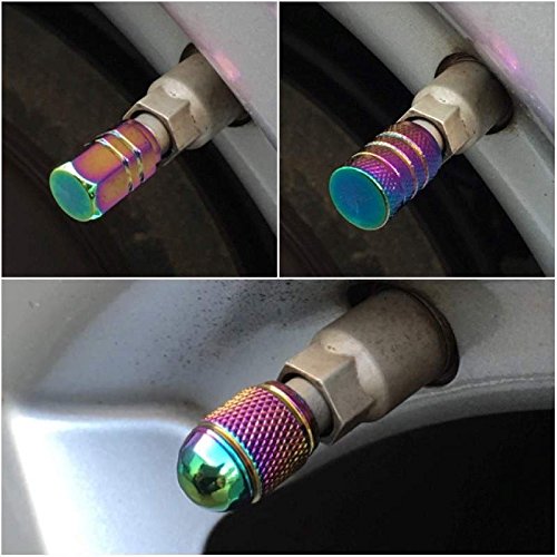 Neo Chrome Rainbow Tire Stem Valve Caps Cover (Set of 4pcs) Aluminum with Gasket Rubber Rings Universal fit for All cars and Bike (Hexagon Style)