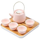 Japanese Porcelain Tea Set, Pink Kungfu Teapot Set with 1 Teapot, 4 Tea Cups, 1 Tea Tray, for Adults, Tea Lover/Women/Men/Office/Home (Pink)