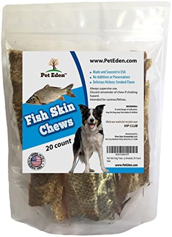 Pet Eden Fish Skin Dog Treats Made in USA Only, All Natural Chews for Dogs, Grain &amp; Gluten Free, No Preservatives, Hickory Smoked, 20 Count