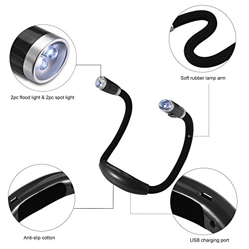 LEDGLE Hands Free Hug Light Neck Book Light Rechargeable LED Night Light Reading Lamp, 4 LED Beads, 3 Adjustable Brightness, USB Cable Included for Reading in Bed or Reading in CarBlack