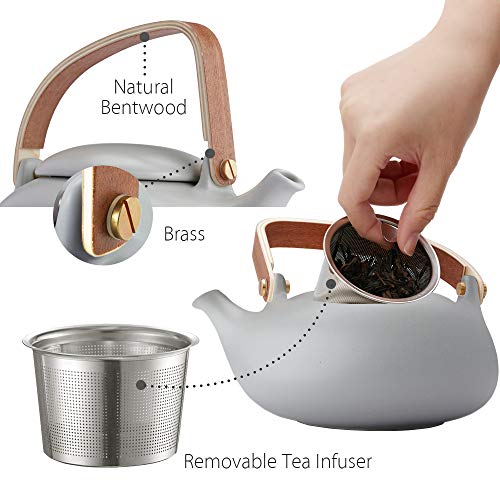 ZENS Teapot with Infuser,Modern Ceramic Japanese Tea Pot 27 Ounces with Bentwood Handle for Loose Tea and Adults, Matte Grey 800ML - Thumbnail 3