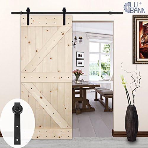 LUBANN 36in.x 84in. Unfinished British Brace Knotty Pine Barn Door with 6.6ft Sliding Door Hardware Kit (Classic J Style)