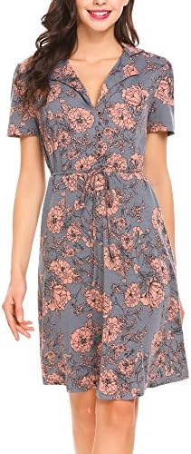 Pasttry Women's Long Sleeve V Neck Button Printed Short Casual Dress With Belt Purple Grey L
