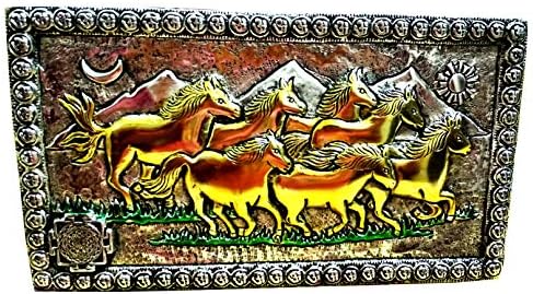 SAARTHI Rajasthani Elegant Ethnic Feng Shui Auspicious Traditional Decorative Silver Plated Metal Handicraft Antique 7 Running Horse Wall Hanging Showpiece| Running Horse Painting|7 Horses Running Vastu Wall Frame for Living Room, Bedroom, Office, Hotels, Drawing Room|7 Running Horse Wall Frame | Running Horses Photo Frame with Om Design and Shri Yantra