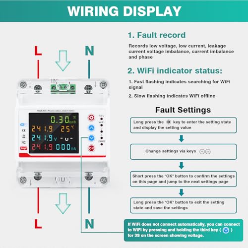 Wifi Electric Consumption Meter 100A 220V AC Wifi Meter Bidirectional Meter Tuya APP Smart Light Counter Under/Overcurrent/Delay/Time/Leakage Protection
